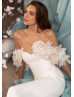 Off Shoulder Ivory Satin Big Flowers Wedding Dress